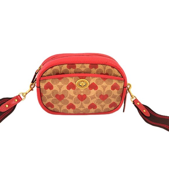 Coach C8390 Signature Heart Print Camera Bag Crossbody Handbag Tan Red Apple - Picture 1 of 6